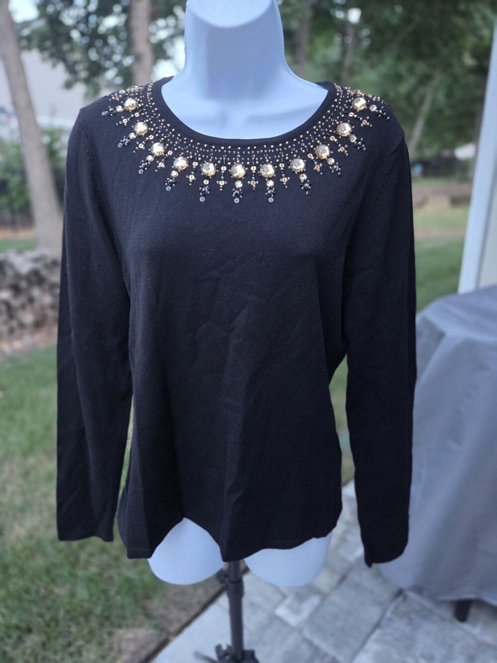 Colour Works Knit Black Sweater Bib Crew Neck Rhinestone Casual Festive Size M